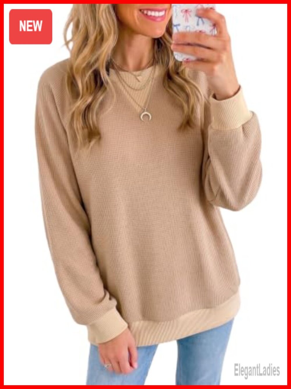 Waffle Knit Oversized Crewneck Sweatshirt Faux Layered Pullover Top